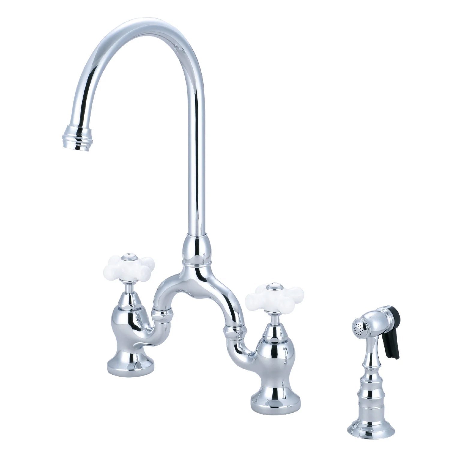 English Country L Porcelain Two-Handle 3-Hole Deck Mount Side Sprayer Bridge Kitchen Faucet