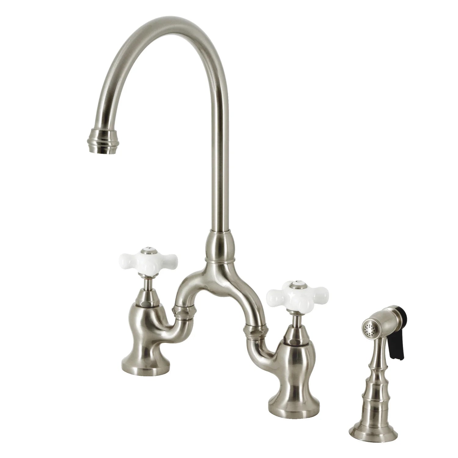 English Country L Porcelain Two-Handle 3-Hole Deck Mount Side Sprayer Bridge Kitchen Faucet