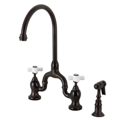 English Country L Porcelain Two-Handle 3-Hole Deck Mount Side Sprayer Bridge Kitchen Faucet