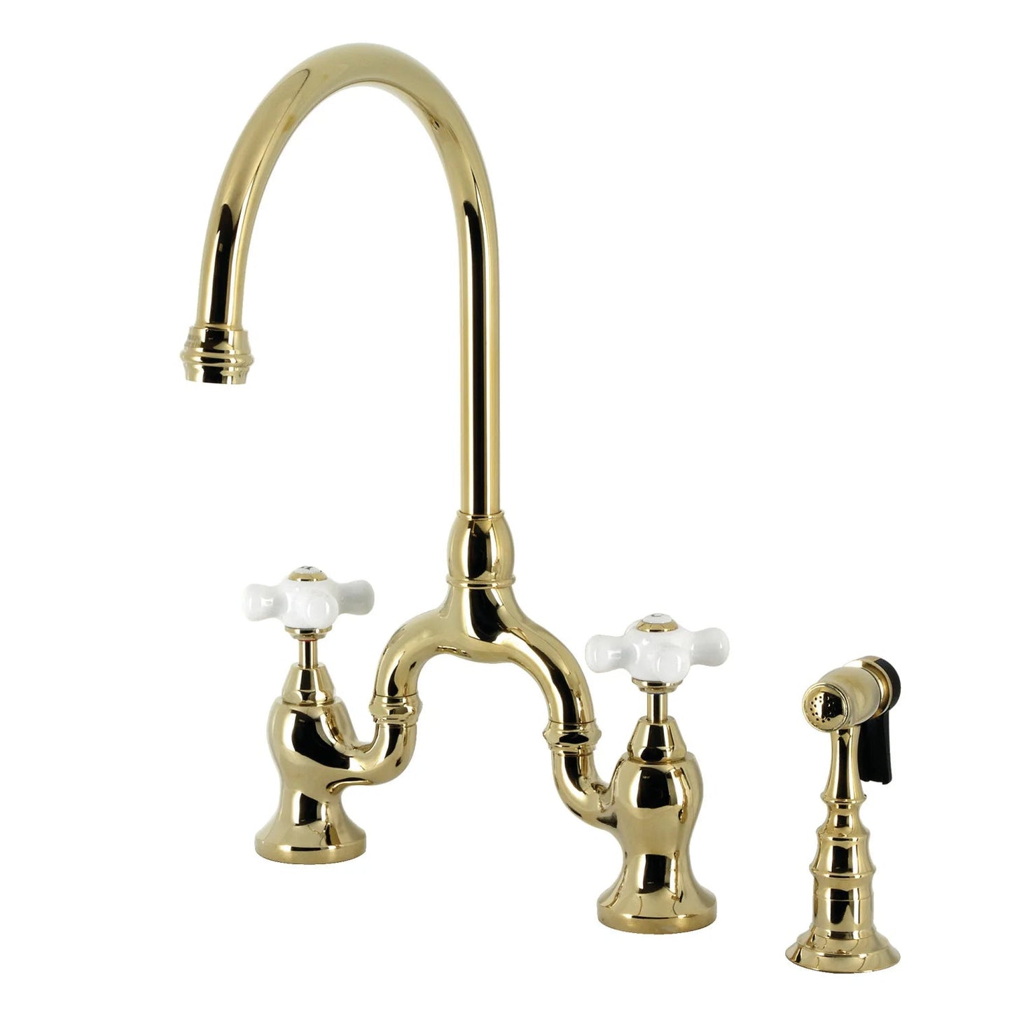 English Country L Porcelain Two-Handle 3-Hole Deck Mount Side Sprayer Bridge Kitchen Faucet