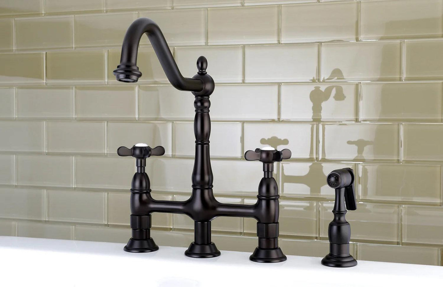 Essex A Two-Handle 4-Hole Deck Mount Side Sprayer Bridge Kitchen Faucet