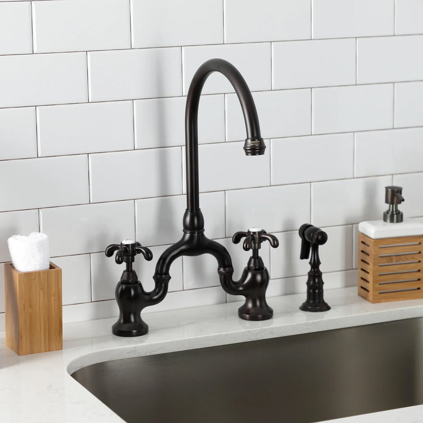 French Country B Two-Handle 3-Hole Deck Mount Side Sprayer Bridge Kitchen Faucet