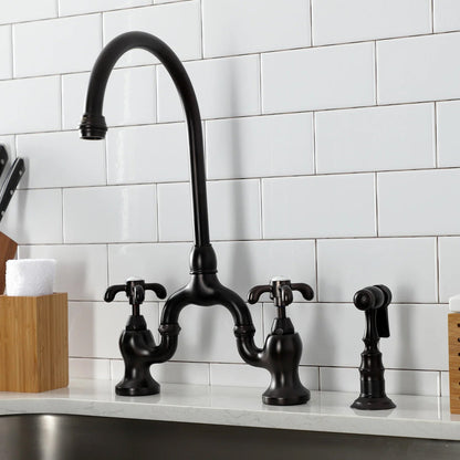 French Country B Two-Handle 3-Hole Deck Mount Side Sprayer Bridge Kitchen Faucet