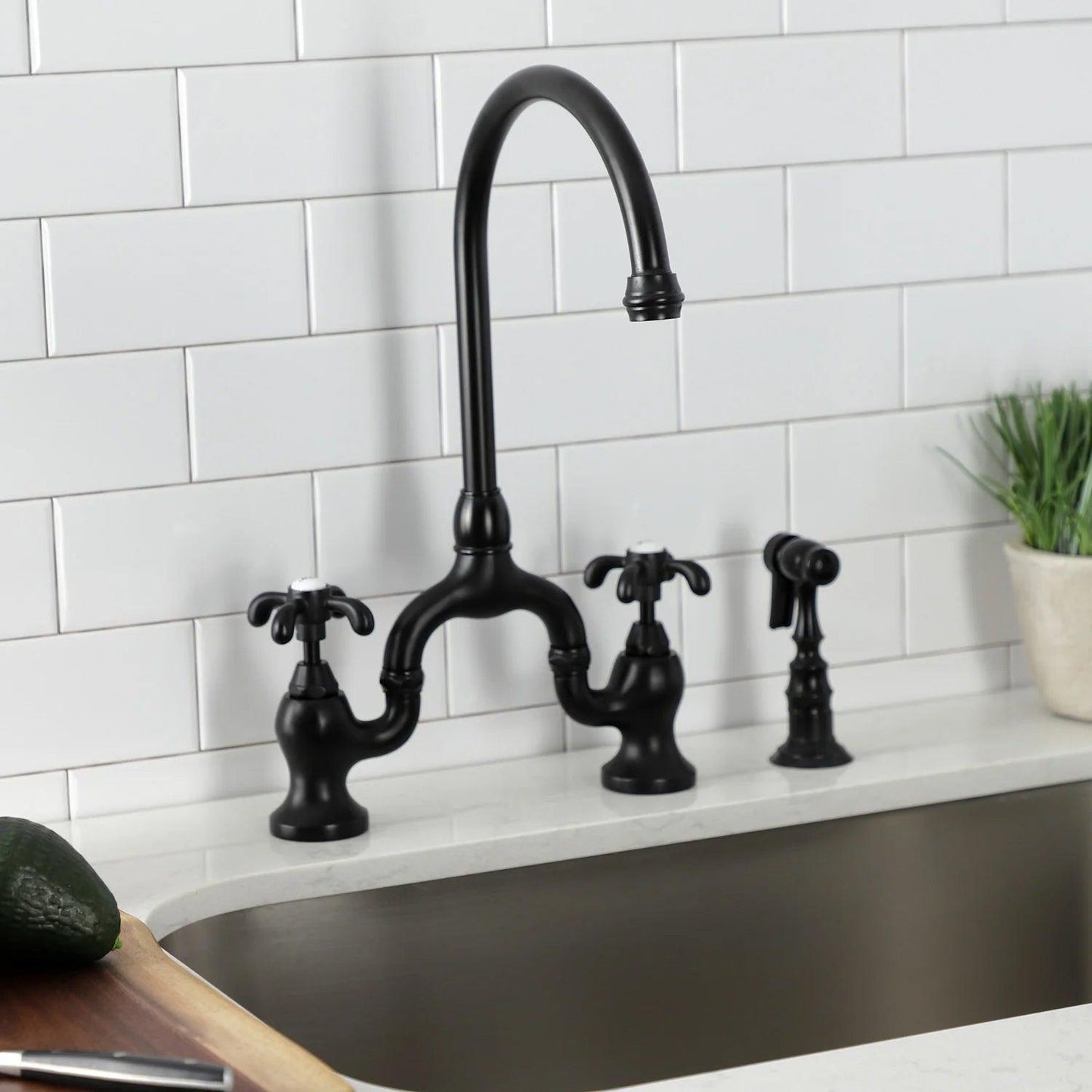 French Country B Two-Handle 3-Hole Deck Mount Side Sprayer Bridge Kitchen Faucet