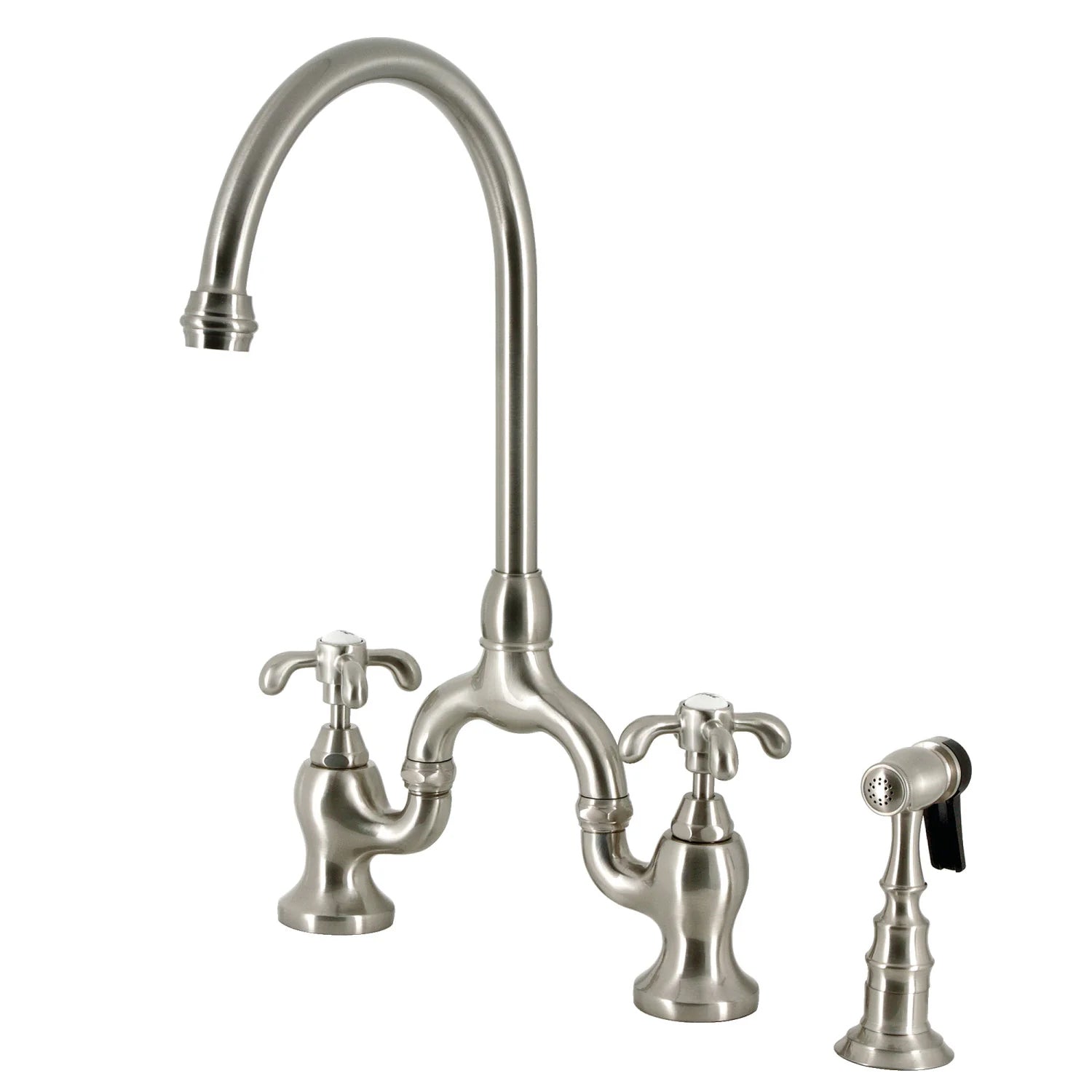 French Country B Two-Handle 3-Hole Deck Mount Side Sprayer Bridge Kitchen Faucet