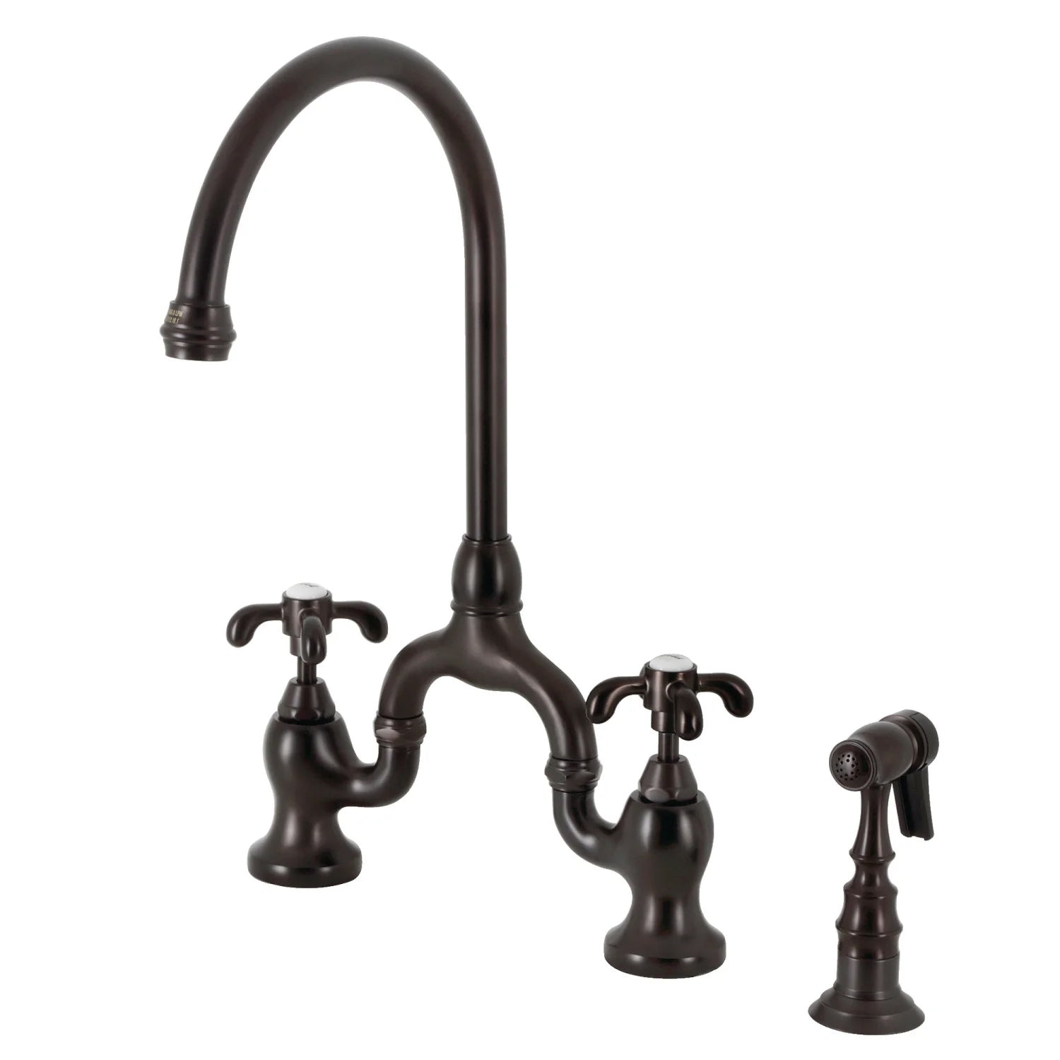 French Country B Two-Handle 3-Hole Deck Mount Side Sprayer Bridge Kitchen Faucet