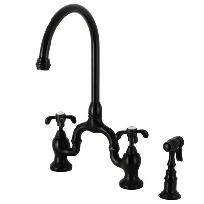 French Country B Two-Handle 3-Hole Deck Mount Side Sprayer Bridge Kitchen Faucet