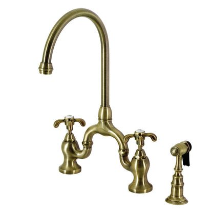 French Country B Two-Handle 3-Hole Deck Mount Side Sprayer Bridge Kitchen Faucet