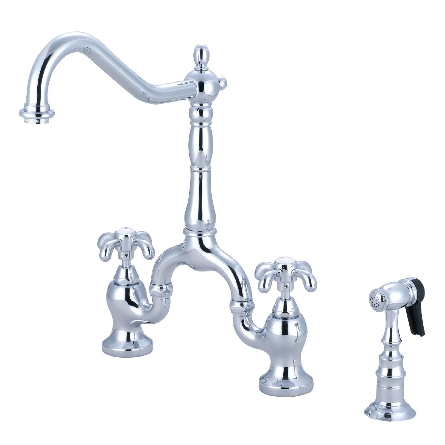 French Country C Two-Handle 3-Hole Deck Mount Side Sprayer Bridge Kitchen Faucet