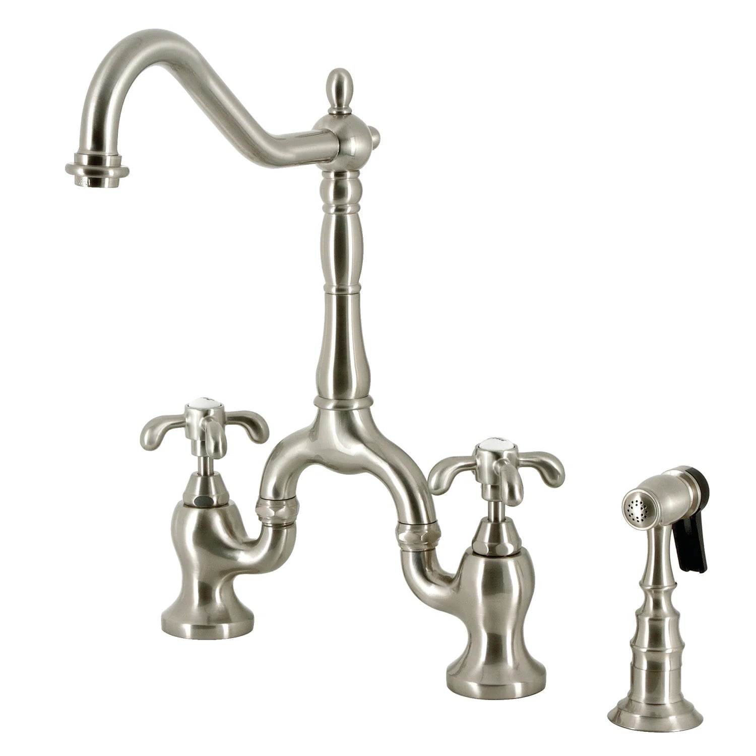 French Country C Two-Handle 3-Hole Deck Mount Side Sprayer Bridge Kitchen Faucet