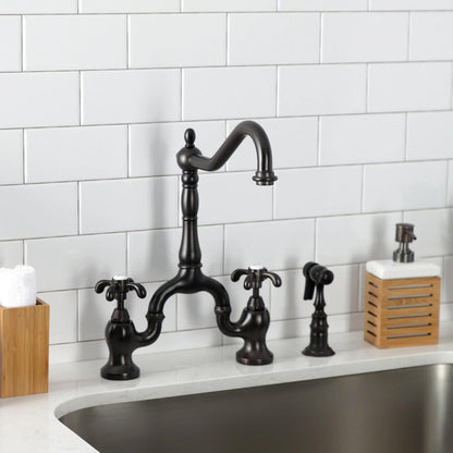 French Country C Two-Handle 3-Hole Deck Mount Side Sprayer Bridge Kitchen Faucet