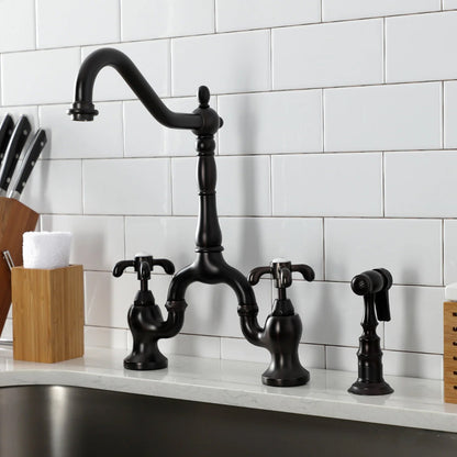 French Country C Two-Handle 3-Hole Deck Mount Side Sprayer Bridge Kitchen Faucet