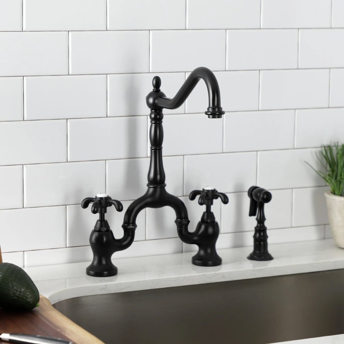 French Country C Two-Handle 3-Hole Deck Mount Side Sprayer Bridge Kitchen Faucet