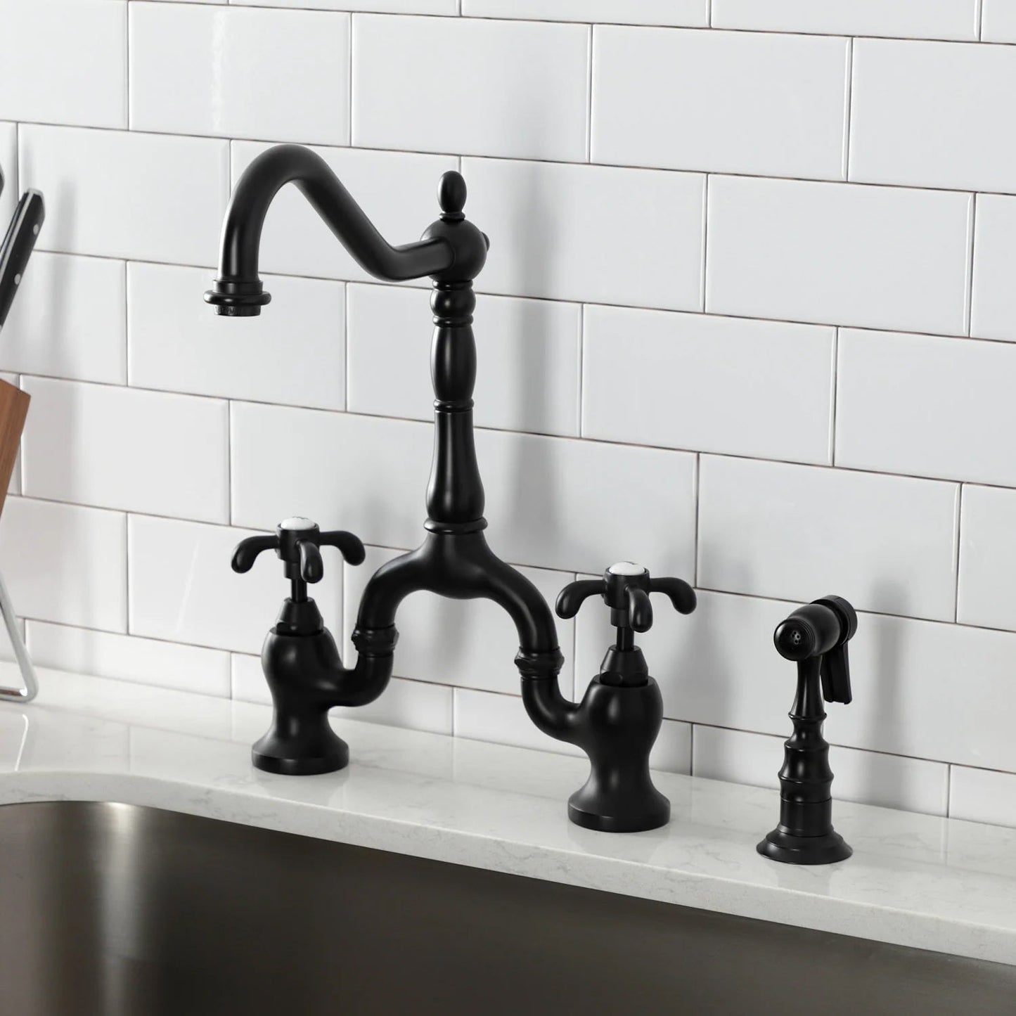 French Country C Two-Handle 3-Hole Deck Mount Side Sprayer Bridge Kitchen Faucet