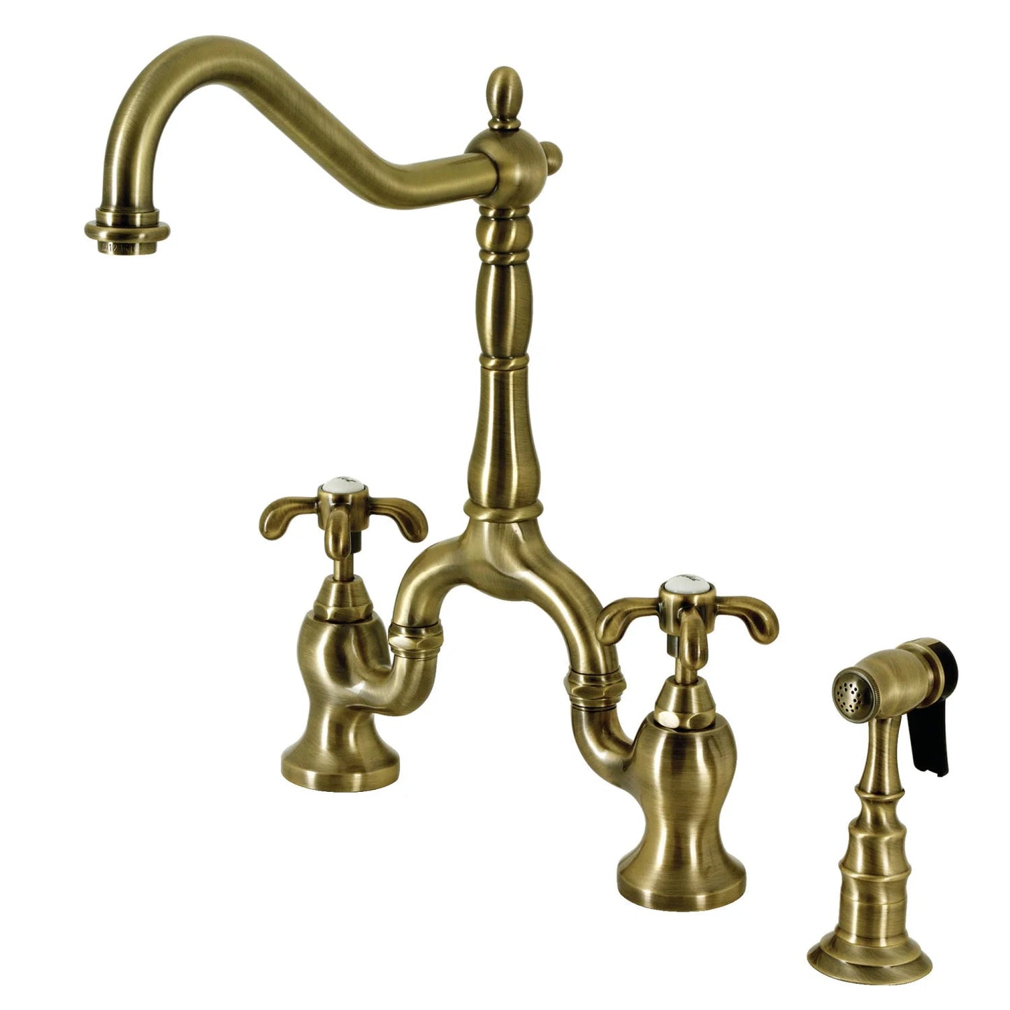 French Country C Two-Handle 3-Hole Deck Mount Side Sprayer Bridge Kitchen Faucet