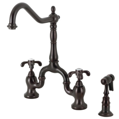 French Country C Two-Handle 3-Hole Deck Mount Side Sprayer Bridge Kitchen Faucet