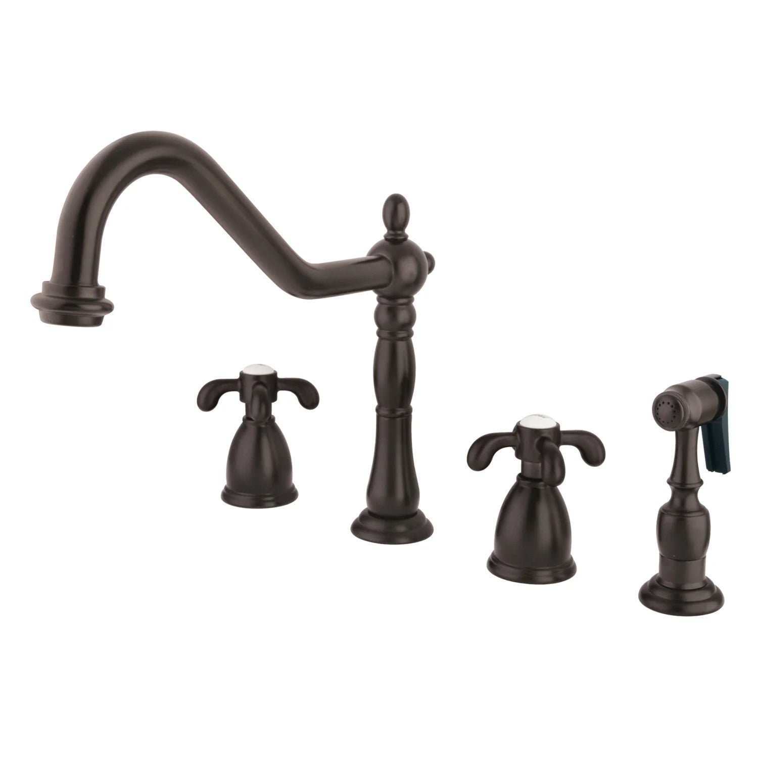 French Country D Two-Handle 4-Hole Deck Mount Side Sprayer Widespread Kitchen Faucet