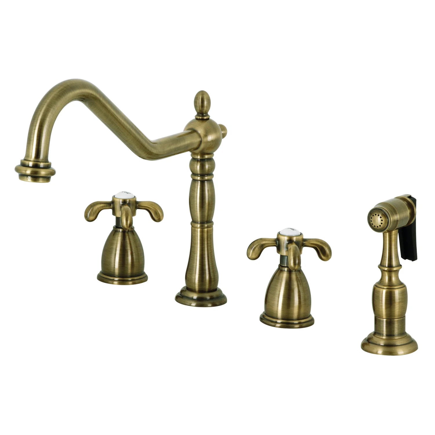 French Country D Two-Handle 4-Hole Deck Mount Side Sprayer Widespread Kitchen Faucet