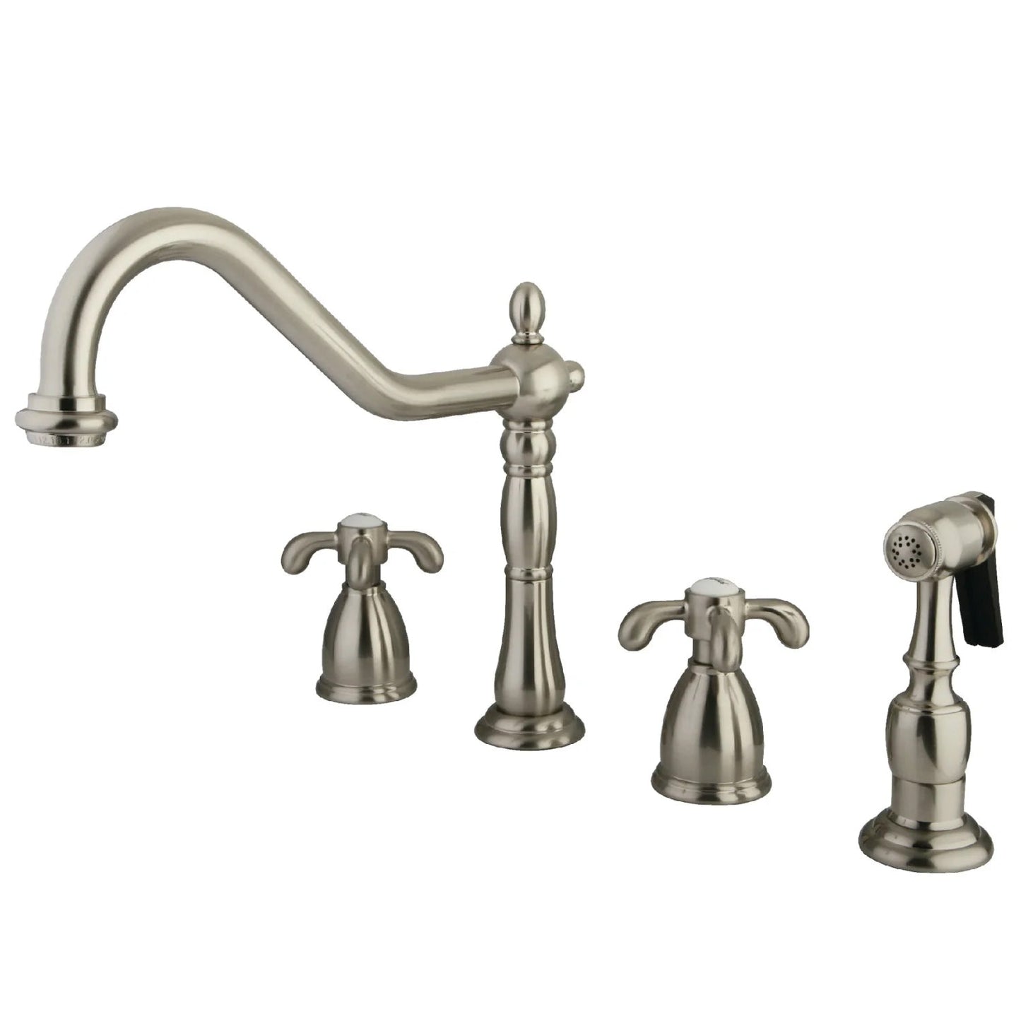 French Country D Two-Handle 4-Hole Deck Mount Side Sprayer Widespread Kitchen Faucet