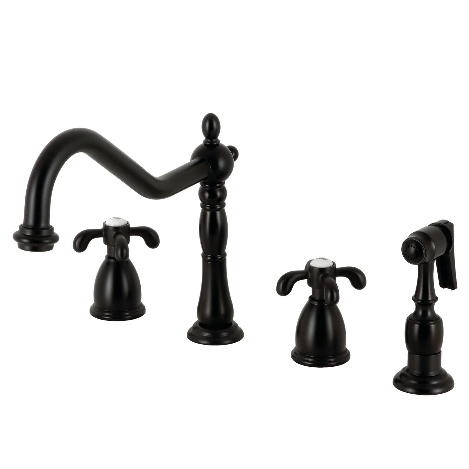 French Country D Two-Handle 4-Hole Deck Mount Side Sprayer Widespread Kitchen Faucet