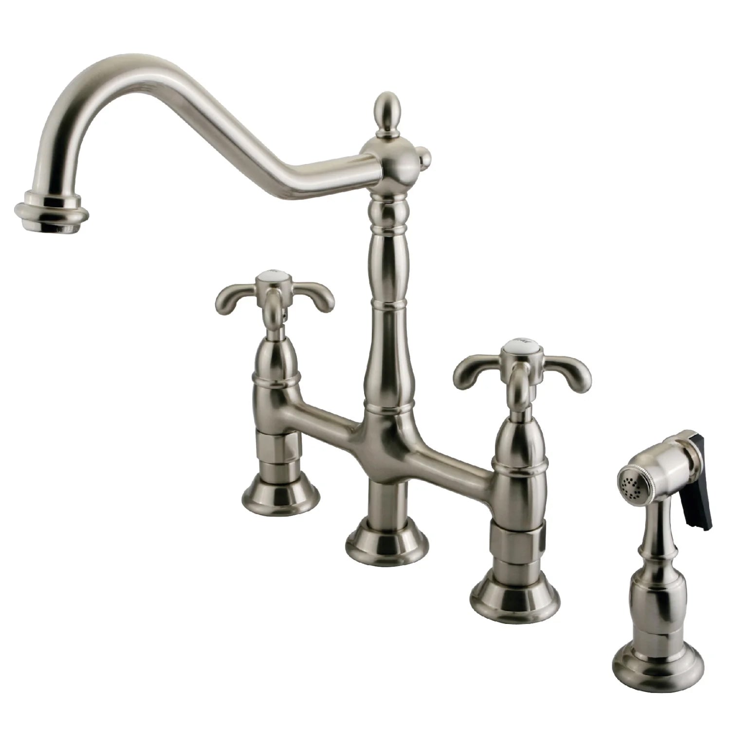 French Country E Two-Handle 4-Hole Deck Mount Side Sprayer Bridge Kitchen Faucet