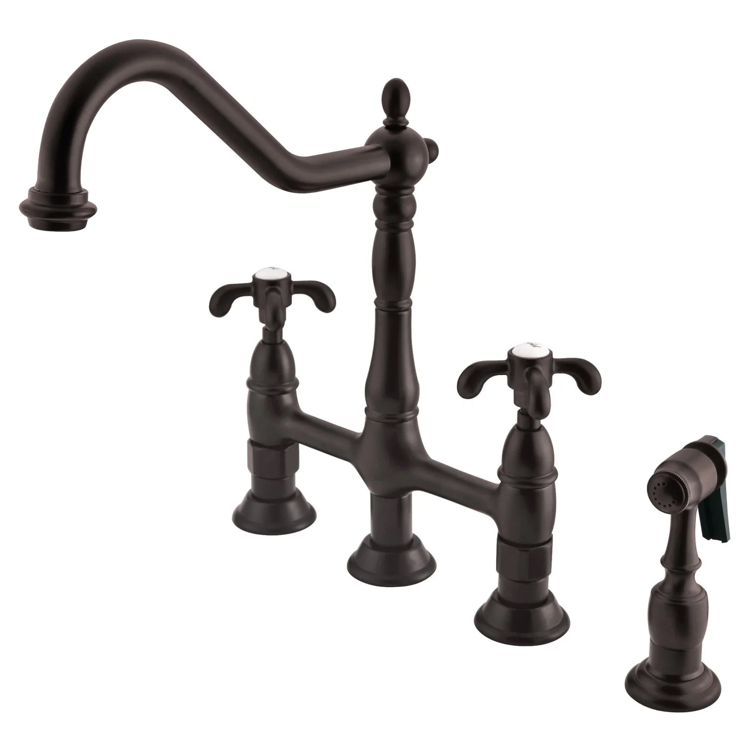 French Country E Two-Handle 4-Hole Deck Mount Side Sprayer Bridge Kitchen Faucet