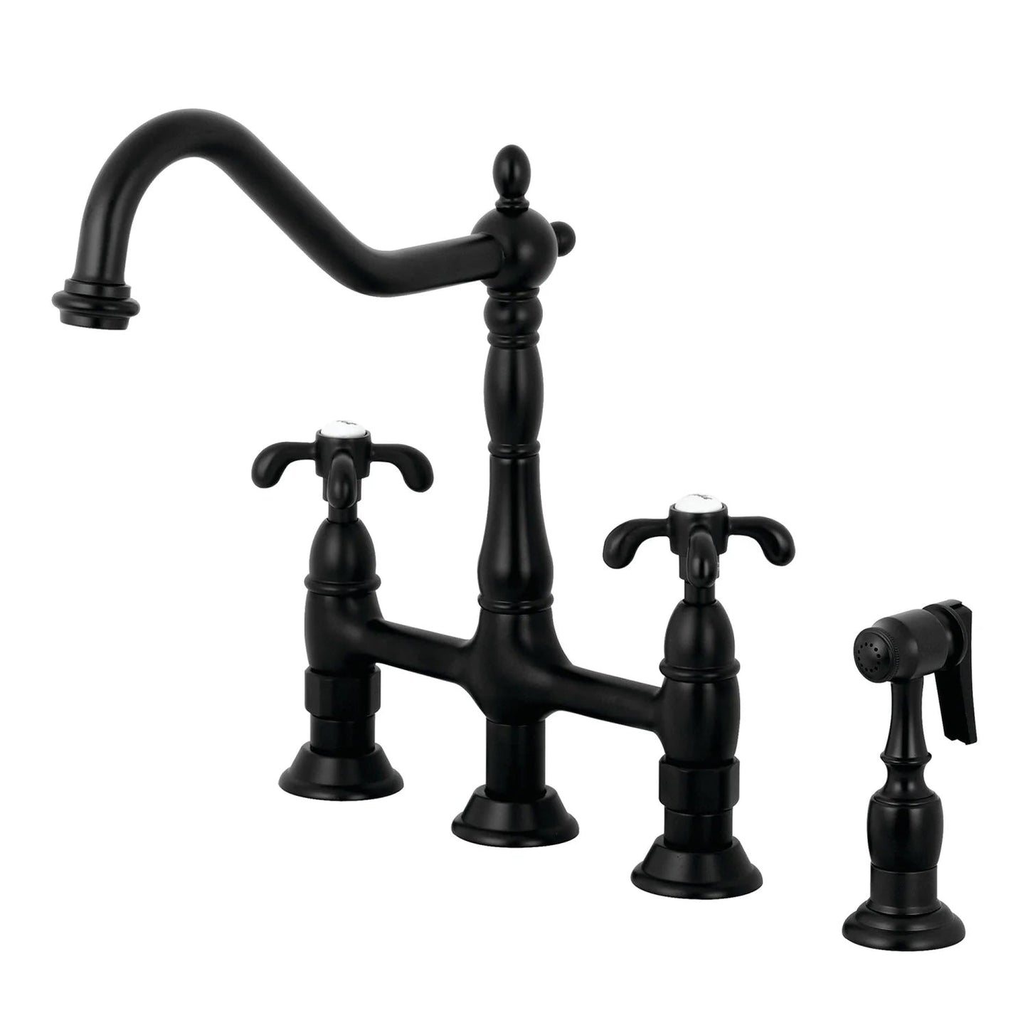 French Country E Two-Handle 4-Hole Deck Mount Side Sprayer Bridge Kitchen Faucet