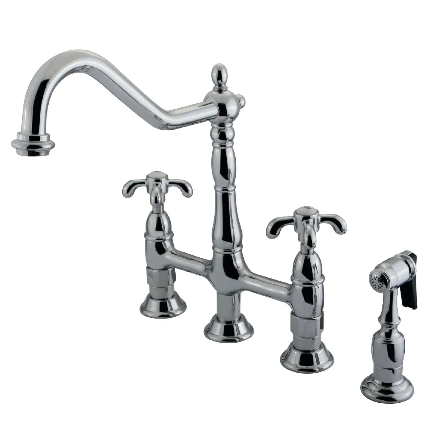 French Country E Two-Handle 4-Hole Deck Mount Side Sprayer Bridge Kitchen Faucet