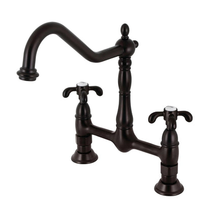 French Country F Two-Handle 4-Hole Deck Mount Bridge Kitchen Faucet