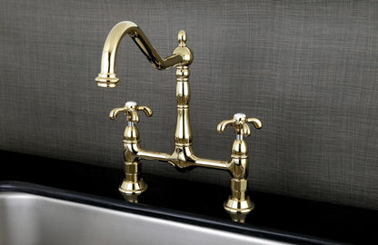 French Country F Two-Handle 4-Hole Deck Mount Bridge Kitchen Faucet