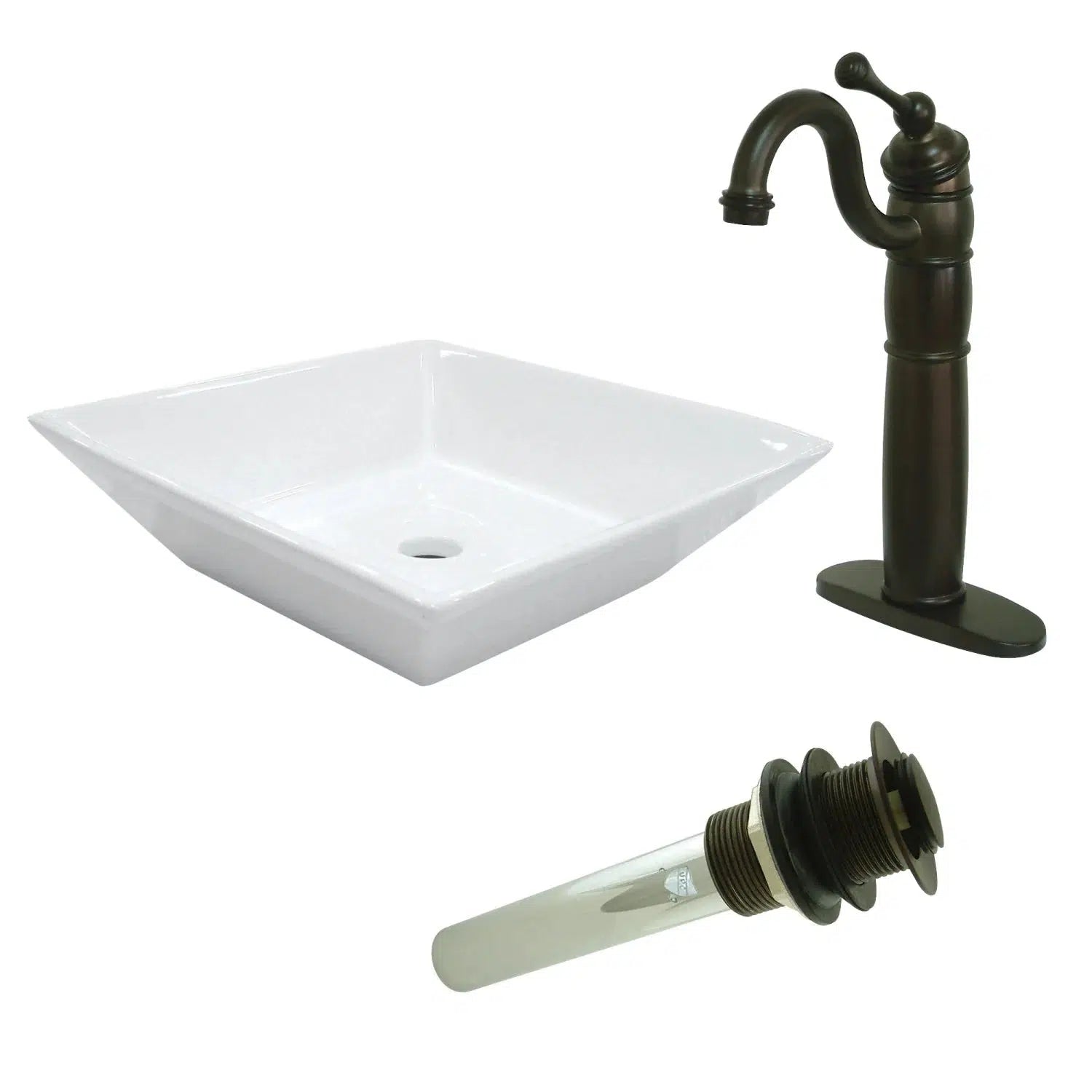 Perfection Square White Ceramic Vessel Sink With Faucet & Drain