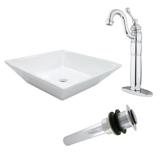 Perfection Square White Ceramic Vessel Sink With Faucet & Drain