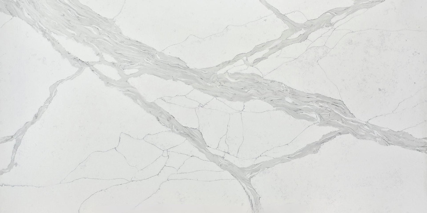 Raphael Stone Calacatta Pyrenees Bookmatched Polished 126" x 63" Quartz Slab