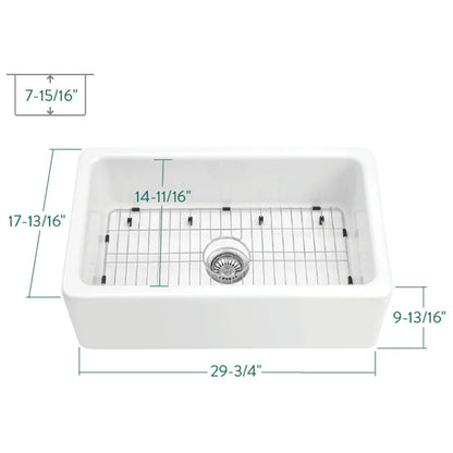 Traditional 30" x 17-13/16" x 9-13/16" Glossy White Fireclay Apron-Front Single Bowl Undermount Farmhouse Kitchen Sink