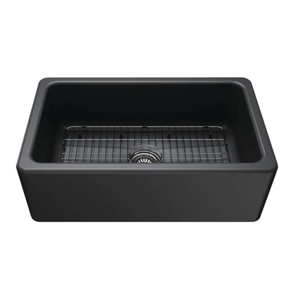 Traditional 30" x 17-13/16" x 9-13/16" Matte Black Fireclay Apron-Front Single Bowl Undermount Farmhouse Kitchen Sink