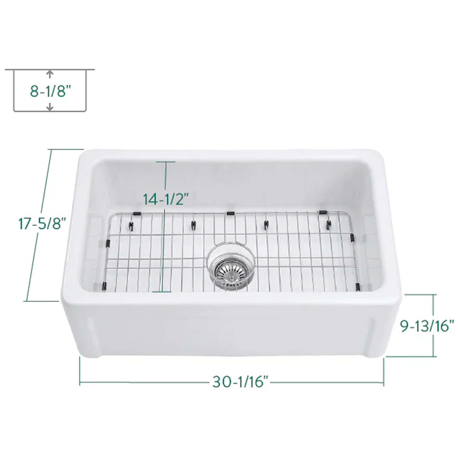 Traditional 30" x 17-5/8" x 9-13/16" Glossy White Fireclay Apron-Front Single Bowl Undermount Farmhouse Kitchen Sink