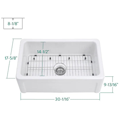 Traditional 30" x 17-5/8" x 9-13/16" Glossy White Fireclay Apron-Front Single Bowl Undermount Farmhouse Kitchen Sink