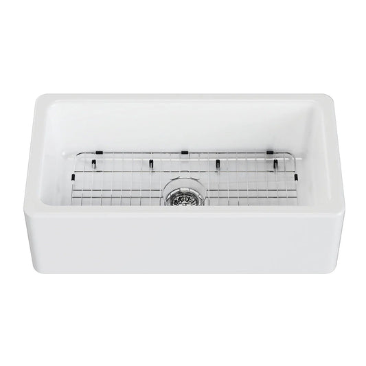 Traditional 33" x 18" x 10" Glossy White Fireclay Apron-Front Single Bowl Undermount Farmhouse Kitchen Sink