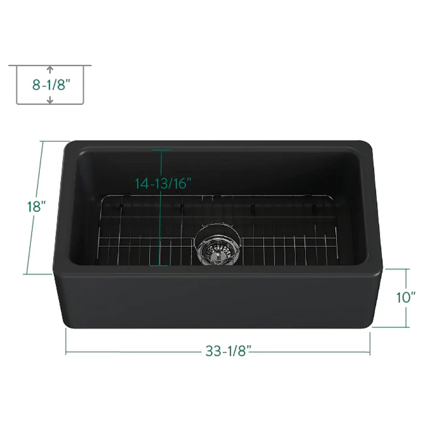 Traditional 33" x 18" x 10" Matte Black Fireclay Apron-Front Single Bowl Undermount Farmhouse Kitchen Sink