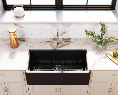 Traditional 33" x 18" x 10" Matte Black Fireclay Apron-Front Single Bowl Undermount Farmhouse Kitchen Sink