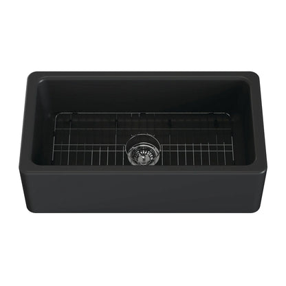 Traditional 33" x 18" x 10" Matte Black Fireclay Apron-Front Single Bowl Undermount Farmhouse Kitchen Sink