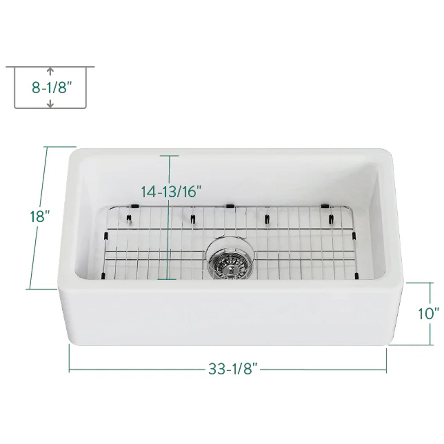 Traditional 33" x 18" x 10" Matte White Fireclay Apron-Front Single Bowl Undermount Farmhouse Kitchen Sink