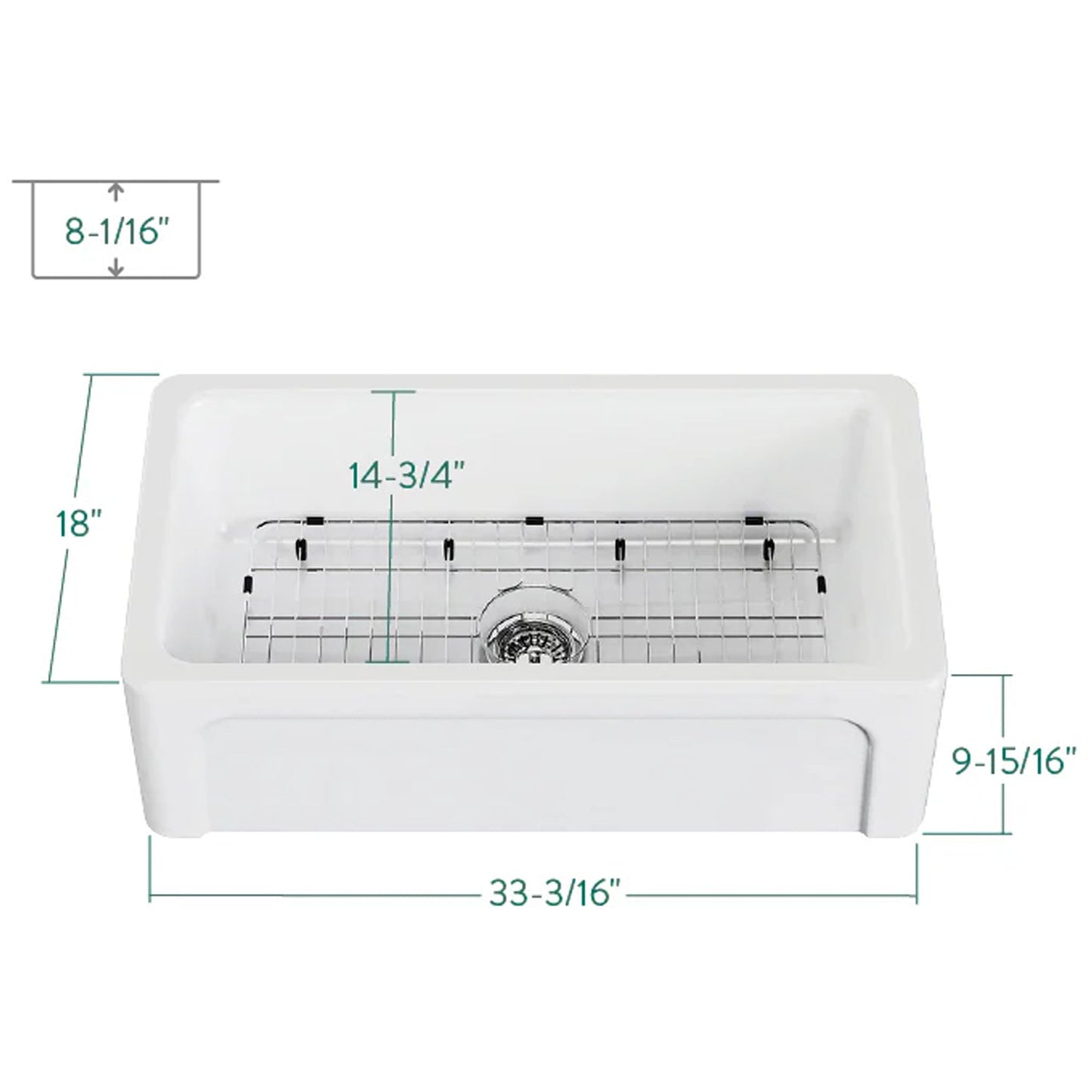 Traditional 33" x 18" x 9-15/16" Glossy White Fireclay Apron-Front Single Bowl Undermount Farmhouse Kitchen Sink