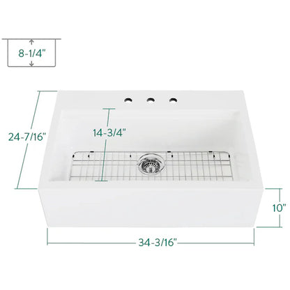 Traditional 34" x 24-7/16" x 10" Glossy White Fireclay Apron-Front Single Bowl Top-Mount Farmhouse Kitchen Sink