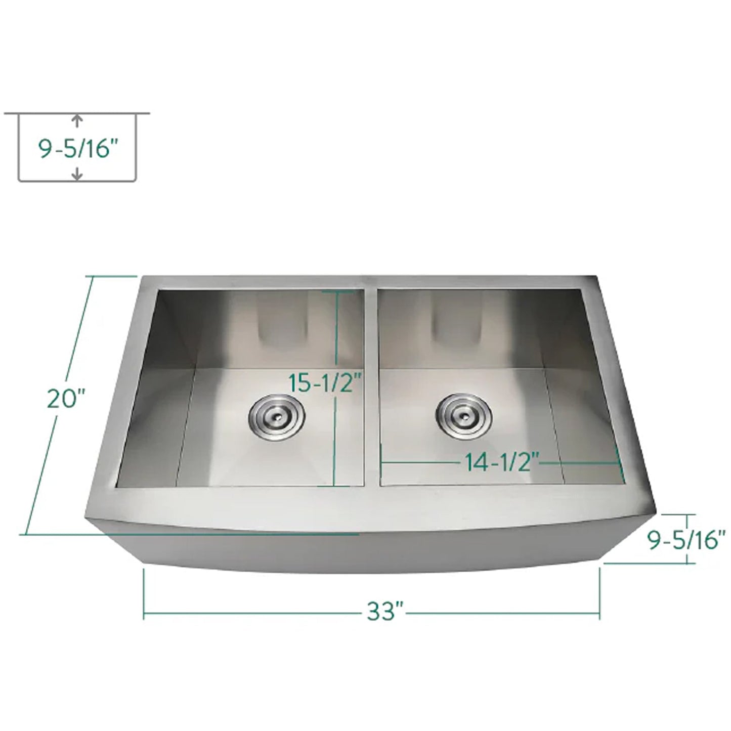 Uptowne 33" x 20" x 9-5/16" Stainless Steel Apron-Front Double Bowl Self-Rimming Farmhouse Kitchen Sink