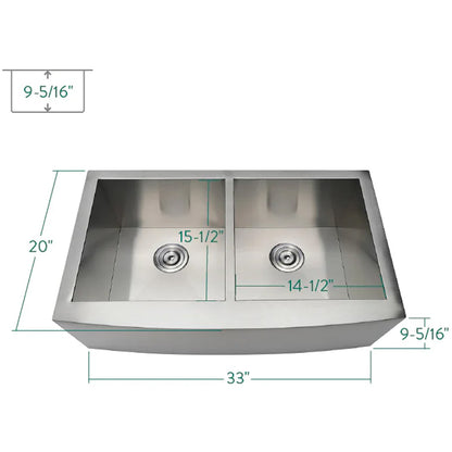 Uptowne 33" x 20" x 9-5/16" Stainless Steel Apron-Front Double Bowl Self-Rimming Farmhouse Kitchen Sink