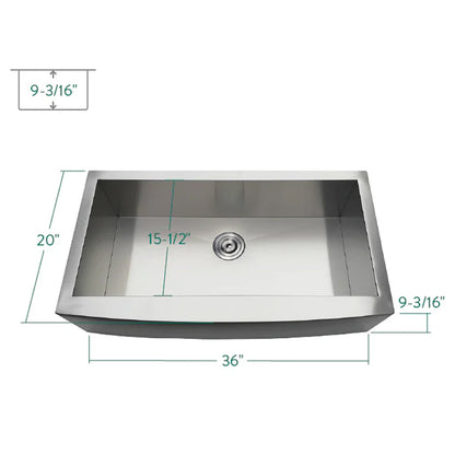 Uptowne 36" x 20" x 9-3/16" Stainless Steel Apron-Front Single Bowl Self-Rimming Farmhouse Kitchen Sink