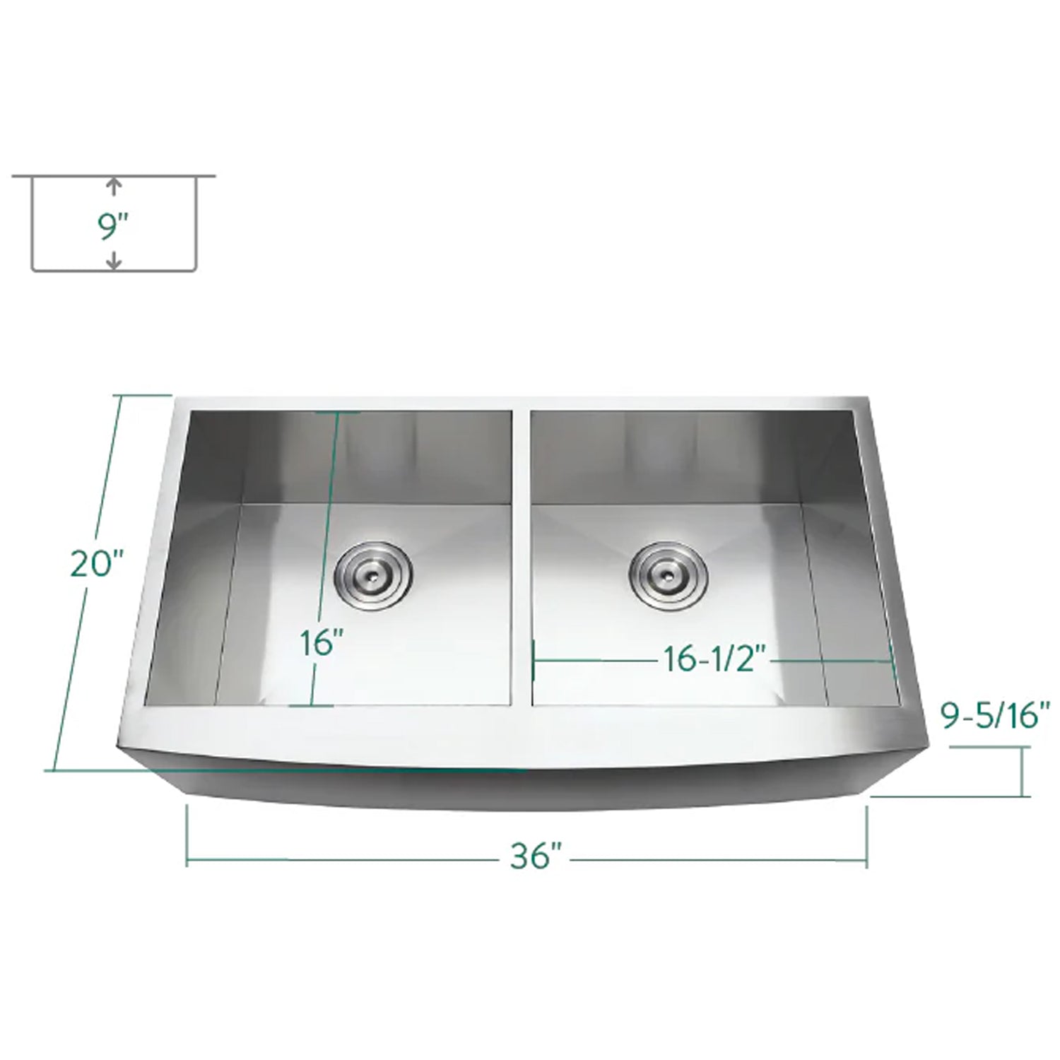 Uptowne 36" x 20" x 9-5/16" Stainless Steel Apron-Front Double Bowl Undermount Farmhouse Kitchen Sink