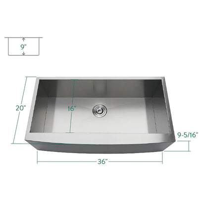 Uptowne 36" x 20" x 9-5/16" Stainless Steel Apron-Front Single Bowl Undermount Farmhouse Kitchen Sink